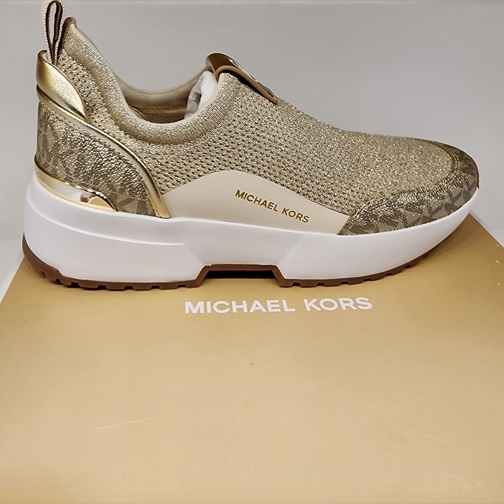 Michael Kors Muse Metallic Knit Slip-On Sneaker - Pale Gold - Size 7.5